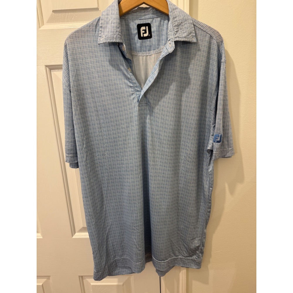 FootJoy Mens Blue White Micro Check Golf Polo Shirt Size L FJ Logo Short Sleeve